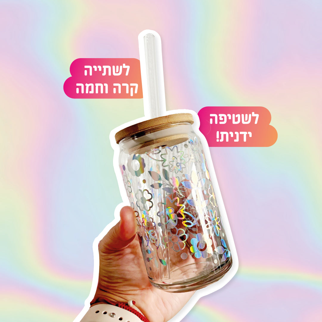 כוס עם ויניל הולוגרפי פרחים